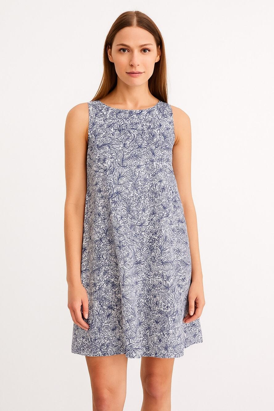 Sigrid Olsen linen floral print A line sleeveless dress small navy & white small